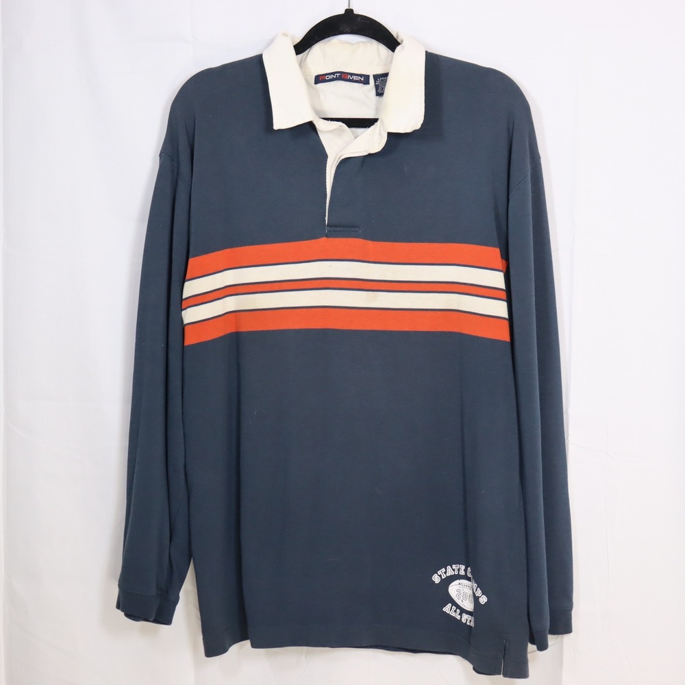 Point‎ Given Rugby Shirt Mens Large Blue Orange Striped Long Sleeve State Champs